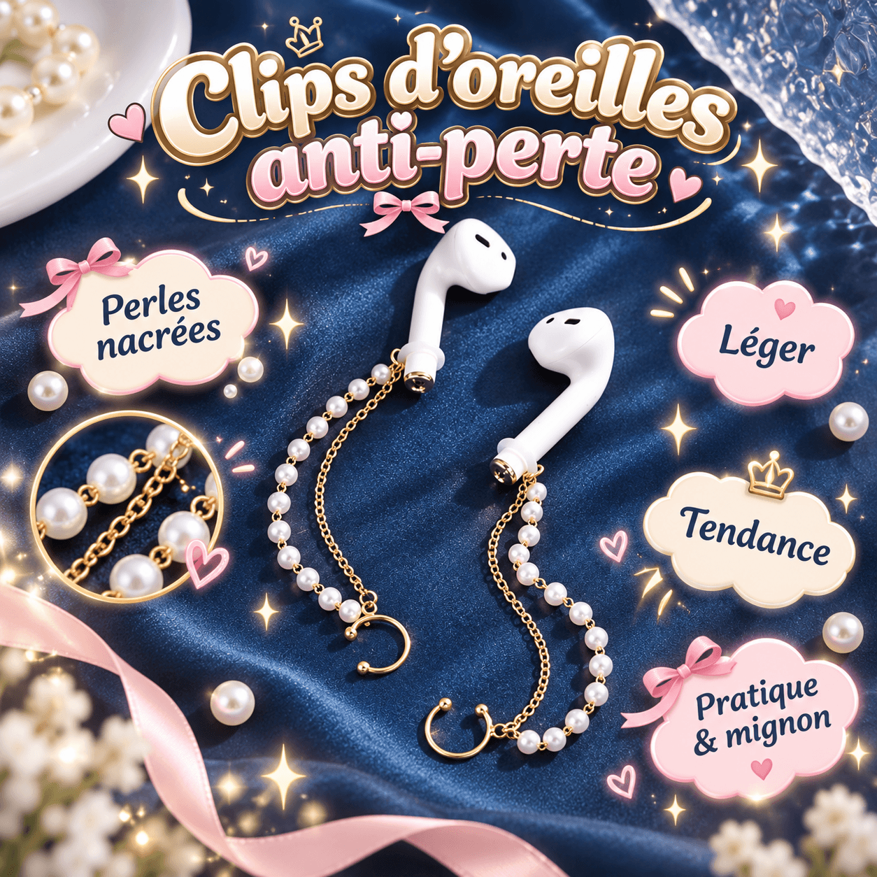 Chaînes Anti-Perte pour Écouteurs- Bijoux d'oreilles Doré et Perle blanche