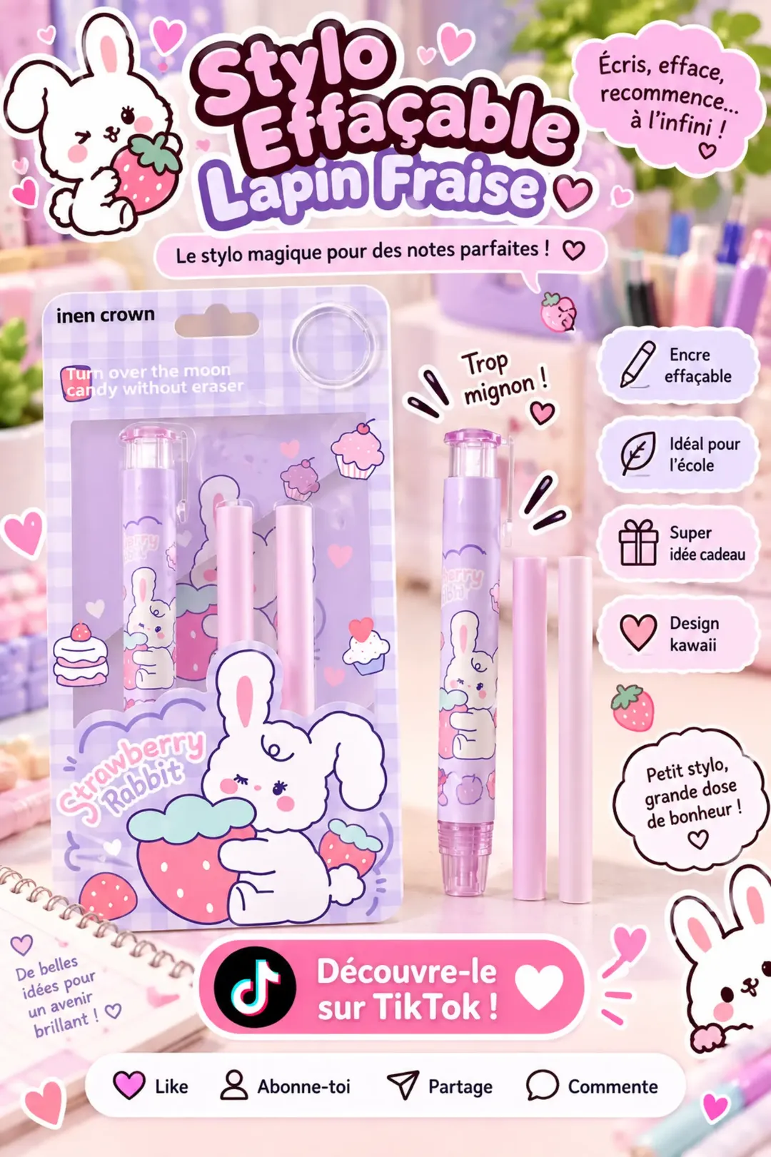 Stylo Effaçable Kawaii Lapin Fraise – Lot de 2 Recharges