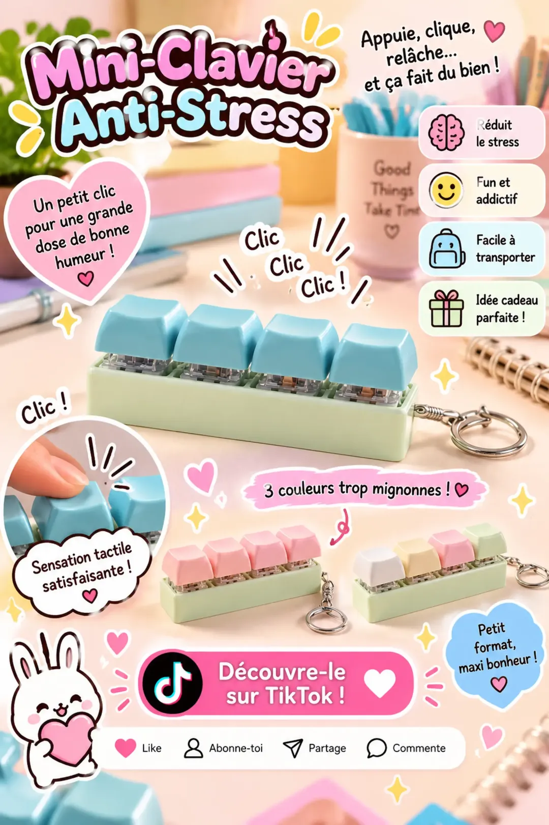 Mini-Clavier Anti-Stress Kawaii – Porte-Clés 4 Touches