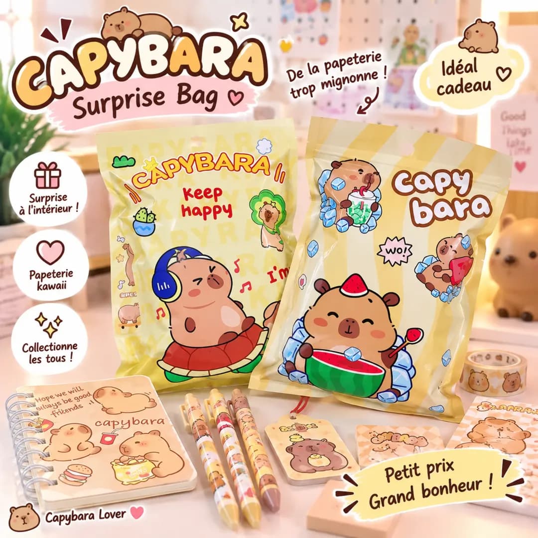 Pochette Surprise Capybara Kawaii 5 pièces