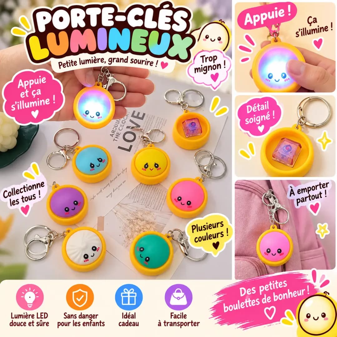 Porte-clés Lumineux Kawaii LED – Petit Visage Emoji Multicolore