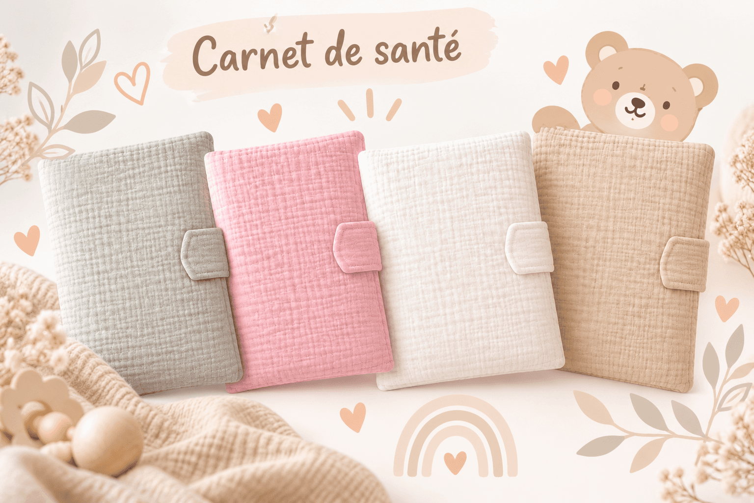 Protège-carnet de santé bébé en gaze de coton